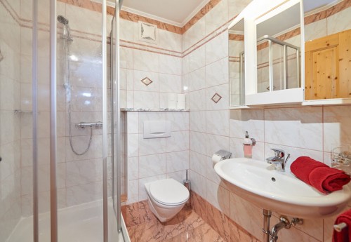 Badezimmer mit Dusche und WC im Ferienhaus Sonnseiten in Flachau
